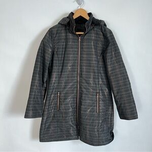 Spanner Hooded Plaid Rain Coat Size M Black Plaid Fleece Lined Collar and Hood